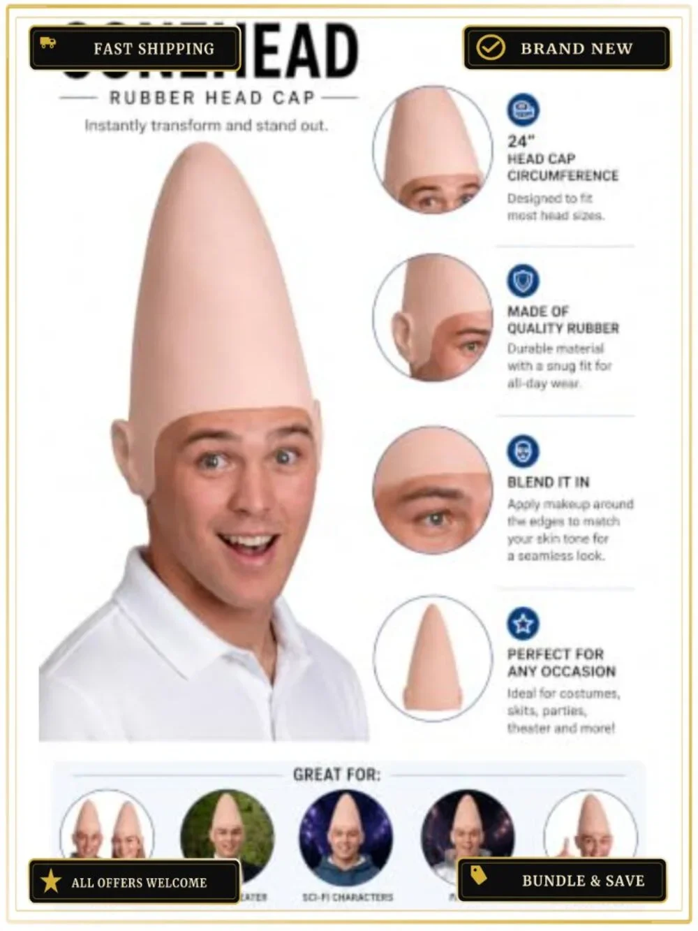 Alien Cone Head Costume Hat Rubber Stretch Fit Halloween Prop